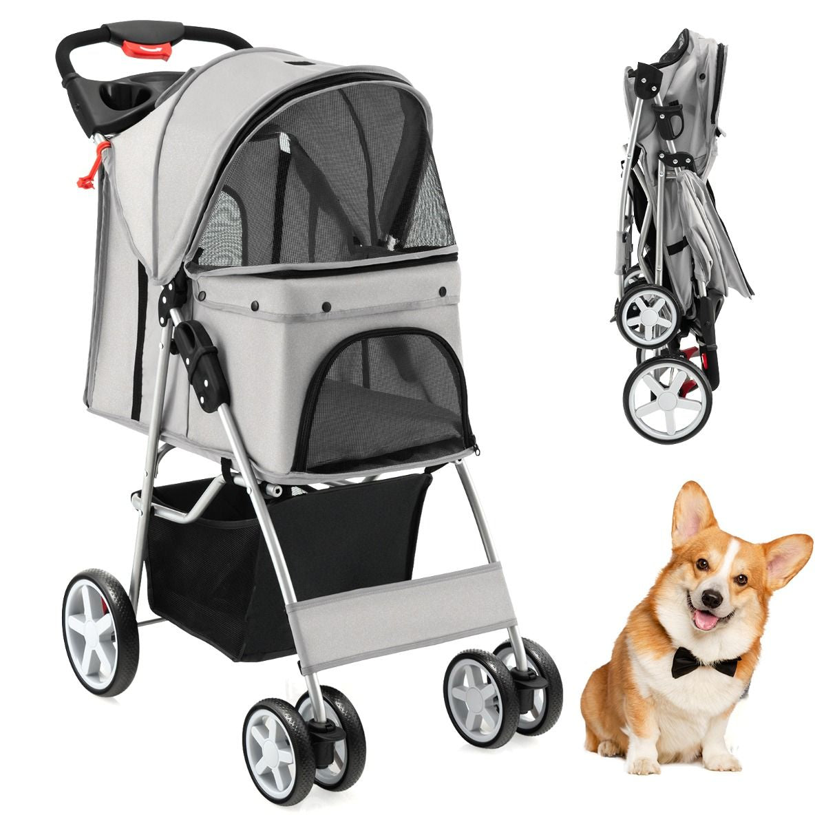 4-Wheel Folding Pet Stroller with Storage Basket and Adjustable Canopy System