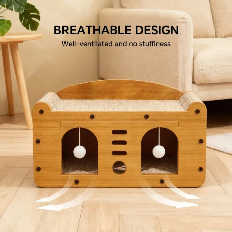Double Door Scratcher Sofa, 56Cm Size Scratching House with 2 Teaser Balls, 3-In-1 Scratcher Bed Cave for & Multi- Households Belgian Malinois Dog Cat Tree Breathable Elevated Cooling Gothic Coffin Large Foldable Crate