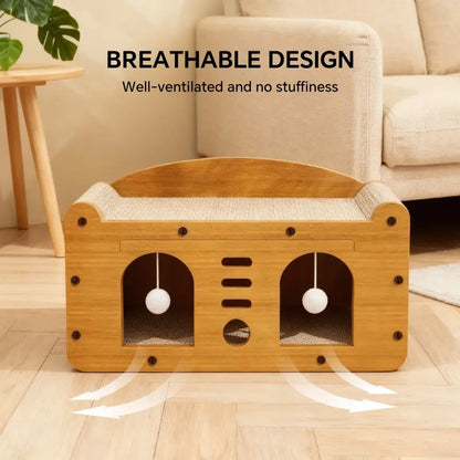 Double Door Scratcher Sofa, 56Cm Size Scratching House with 2 Teaser Balls, 3-In-1 Scratcher Bed Cave for & Multi- Households Belgian Malinois Dog Cat Tree Breathable Elevated Cooling Gothic Coffin Large Foldable Crate