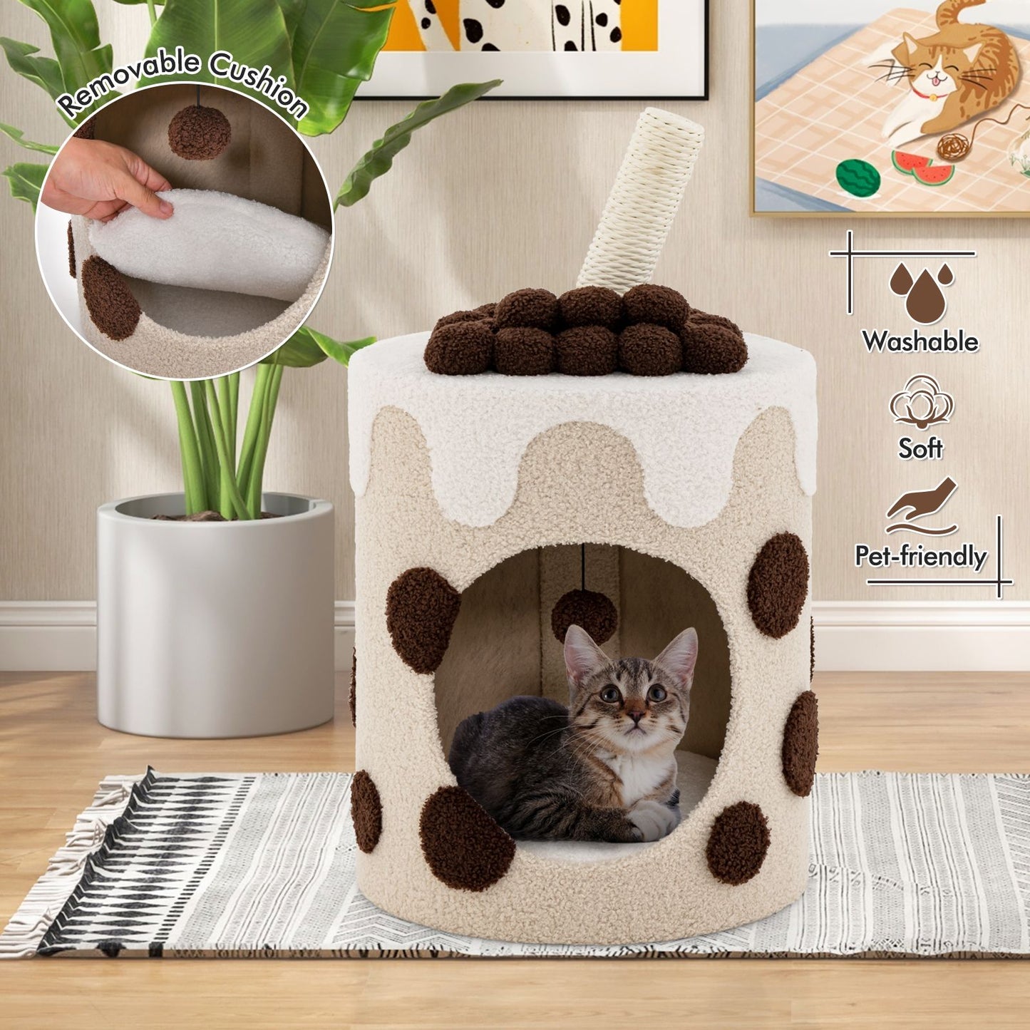 Charming Bubble Tea Cat Tree Tower with Interactive Scratching Post and Cozy Condo