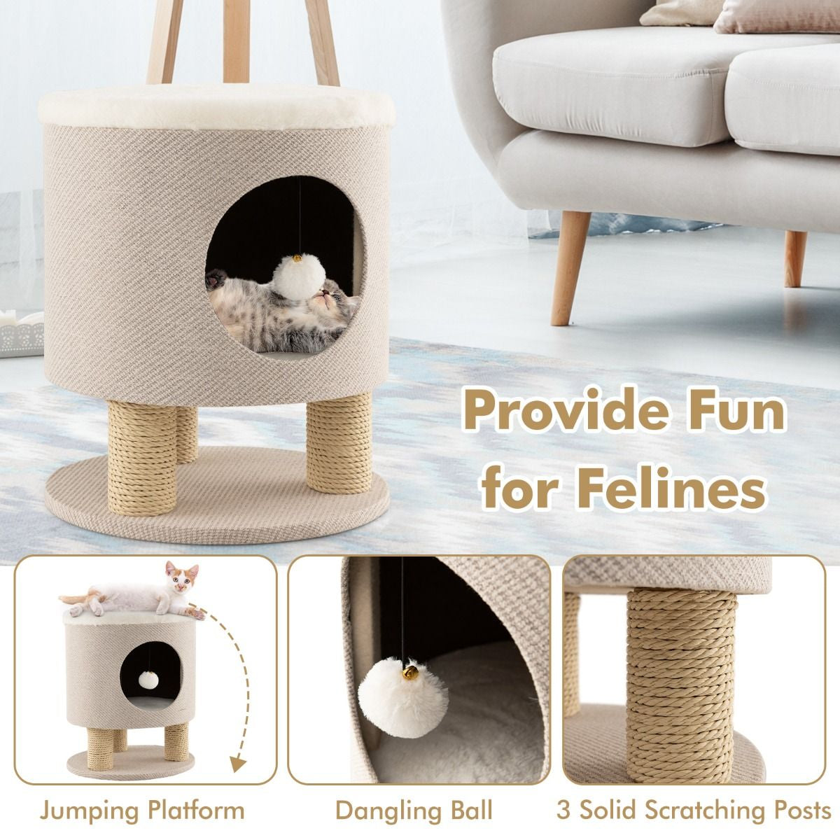 Indoor Cat Condo Stool with Scratching Posts and Plush Toy Ball