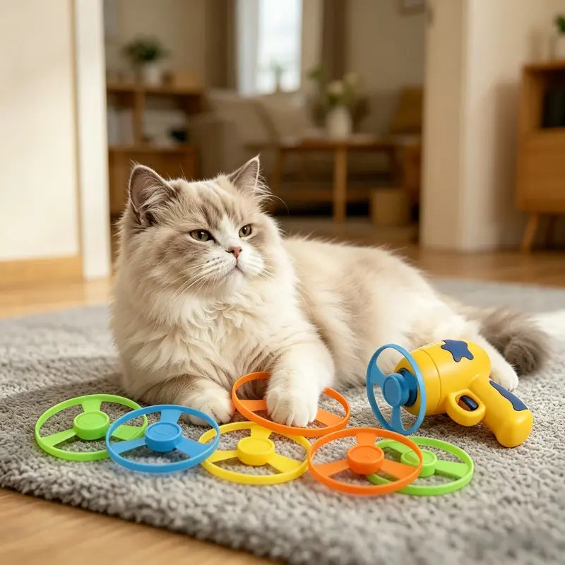 6-Piece Interactive Cat Fetch Toy Set with Launcher and Flying Disc for Indoor Play