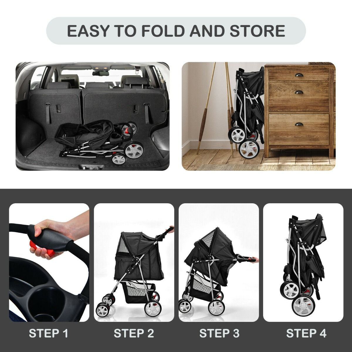 4-Wheel Folding Pet Stroller with Storage Basket and Adjustable Canopy System