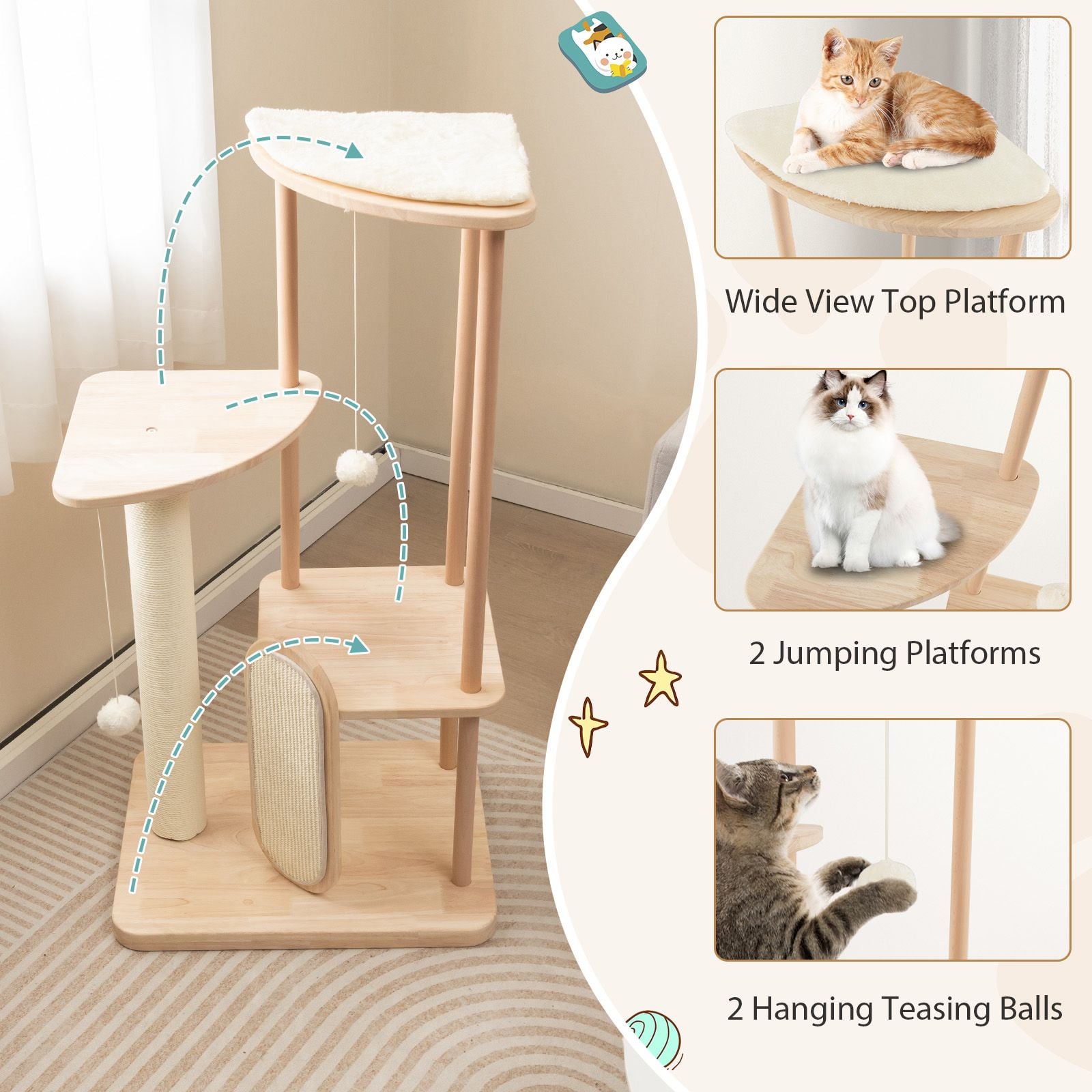 Multi-Level Modern Wood Cat Tree with Scratching Board and Post