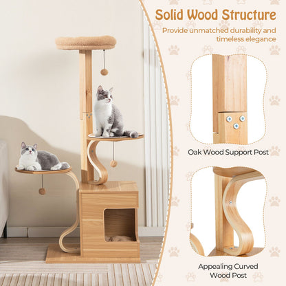 51-Inch Premium Wooden Cat Tree with Durable Solid Wood Post and Curved Plywood Frame