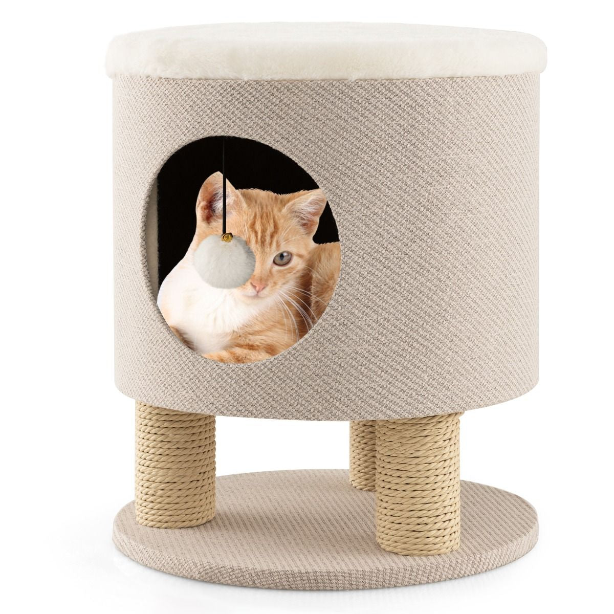 Indoor Cat Condo Stool with Scratching Posts and Plush Toy Ball