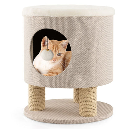 Indoor Cat Condo Stool with Scratching Posts and Plush Toy Ball