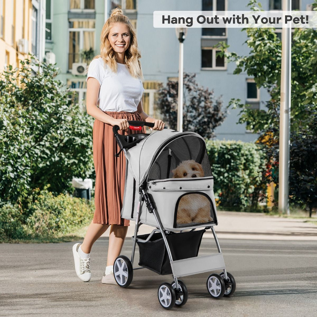 4-Wheel Folding Pet Stroller with Storage Basket and Adjustable Canopy System