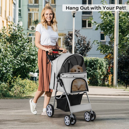 4-Wheel Folding Pet Stroller with Storage Basket and Adjustable Canopy System