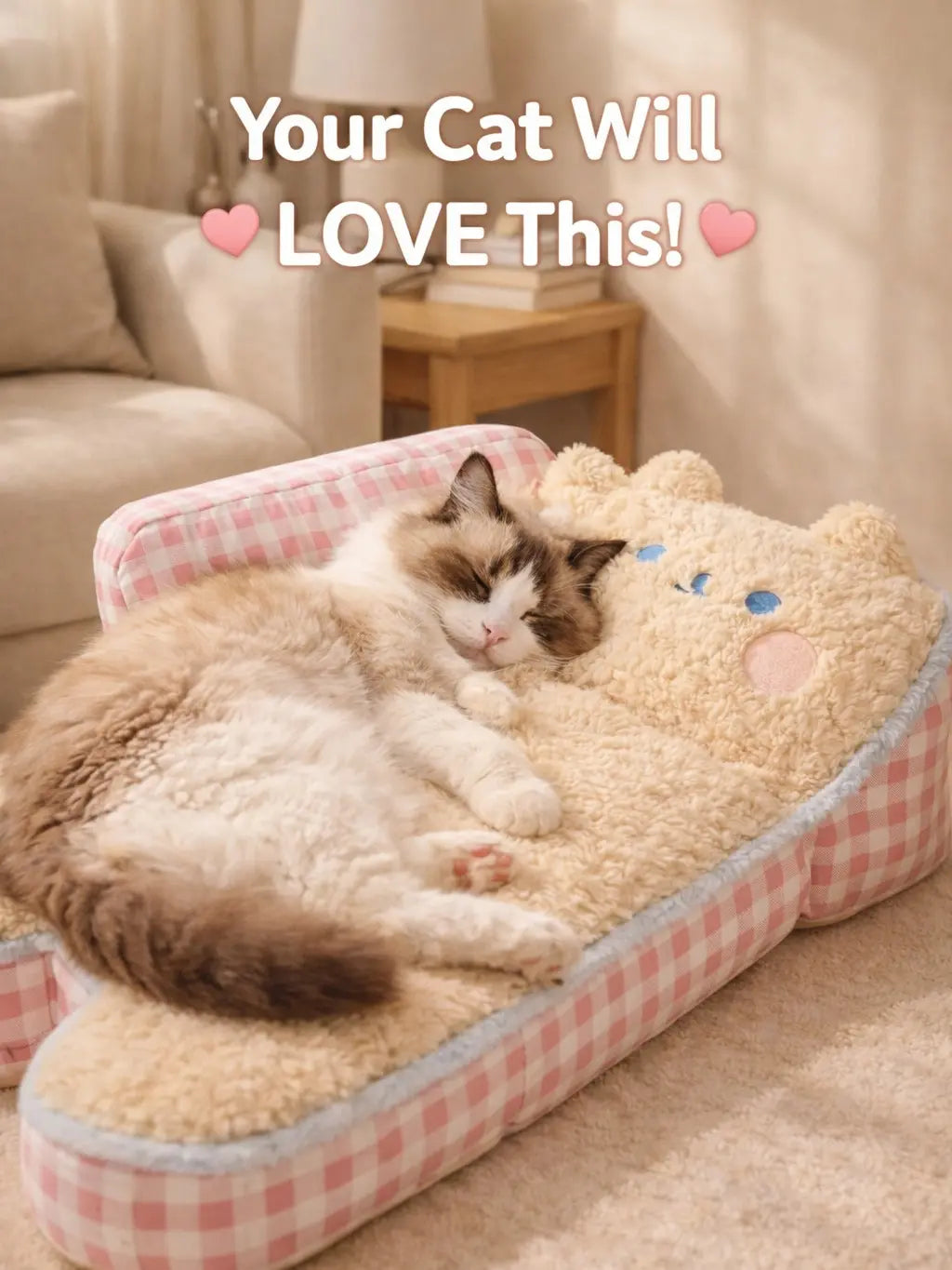 2026 Aesthetic Pink Gingham Plush Cat Sofa Bed - Orthopedic and Calming Fleece Lounger for Cats and Small Dogs