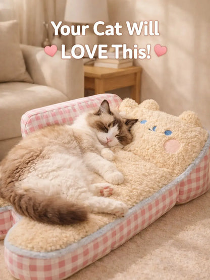 2026 Aesthetic Pink Gingham Plush Cat Sofa Bed - Orthopedic and Calming Fleece Lounger for Cats and Small Dogs