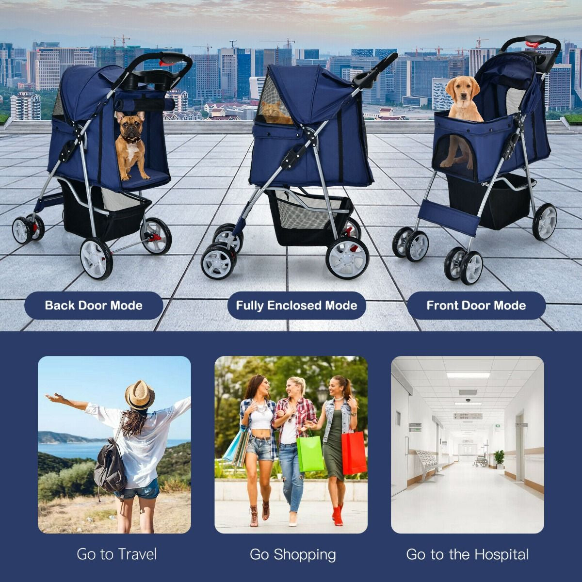 4-Wheel Folding Pet Stroller with Storage Basket and Adjustable Canopy System