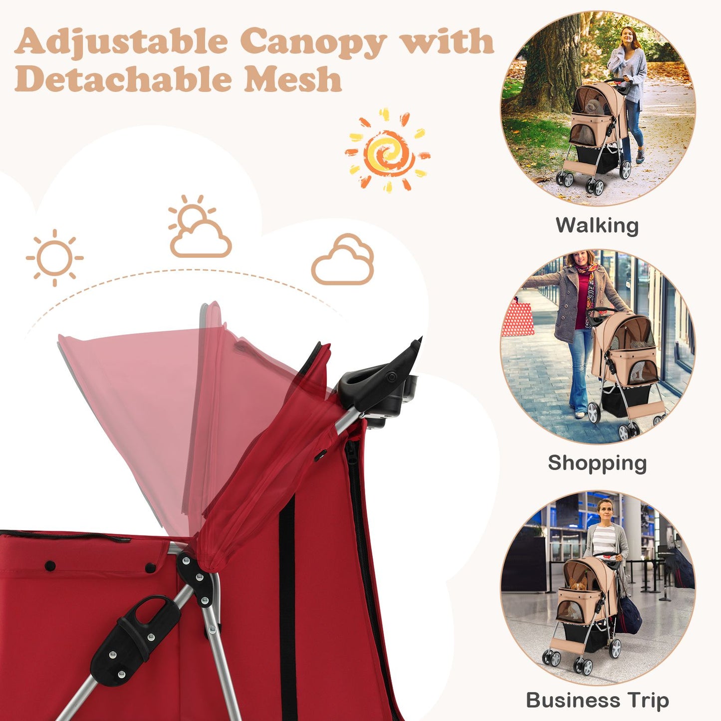 4-Wheel Folding Pet Stroller with Storage Basket and Adjustable Canopy System