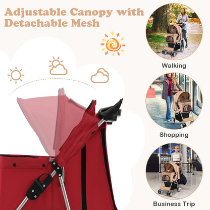 4-Wheel Folding Pet Stroller with Storage Basket and Adjustable Canopy System