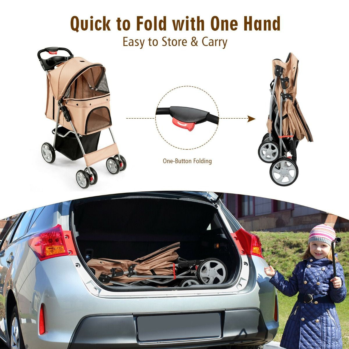 4-Wheel Folding Pet Stroller with Storage Basket and Adjustable Canopy System