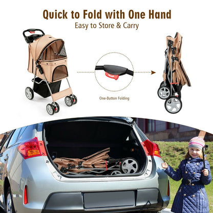 4-Wheel Folding Pet Stroller with Storage Basket and Adjustable Canopy System