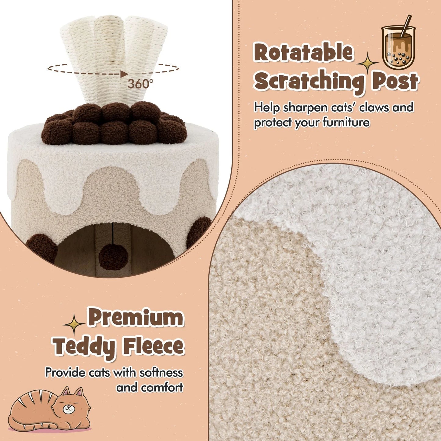 Charming Bubble Tea Cat Tree Tower with Interactive Scratching Post and Cozy Condo