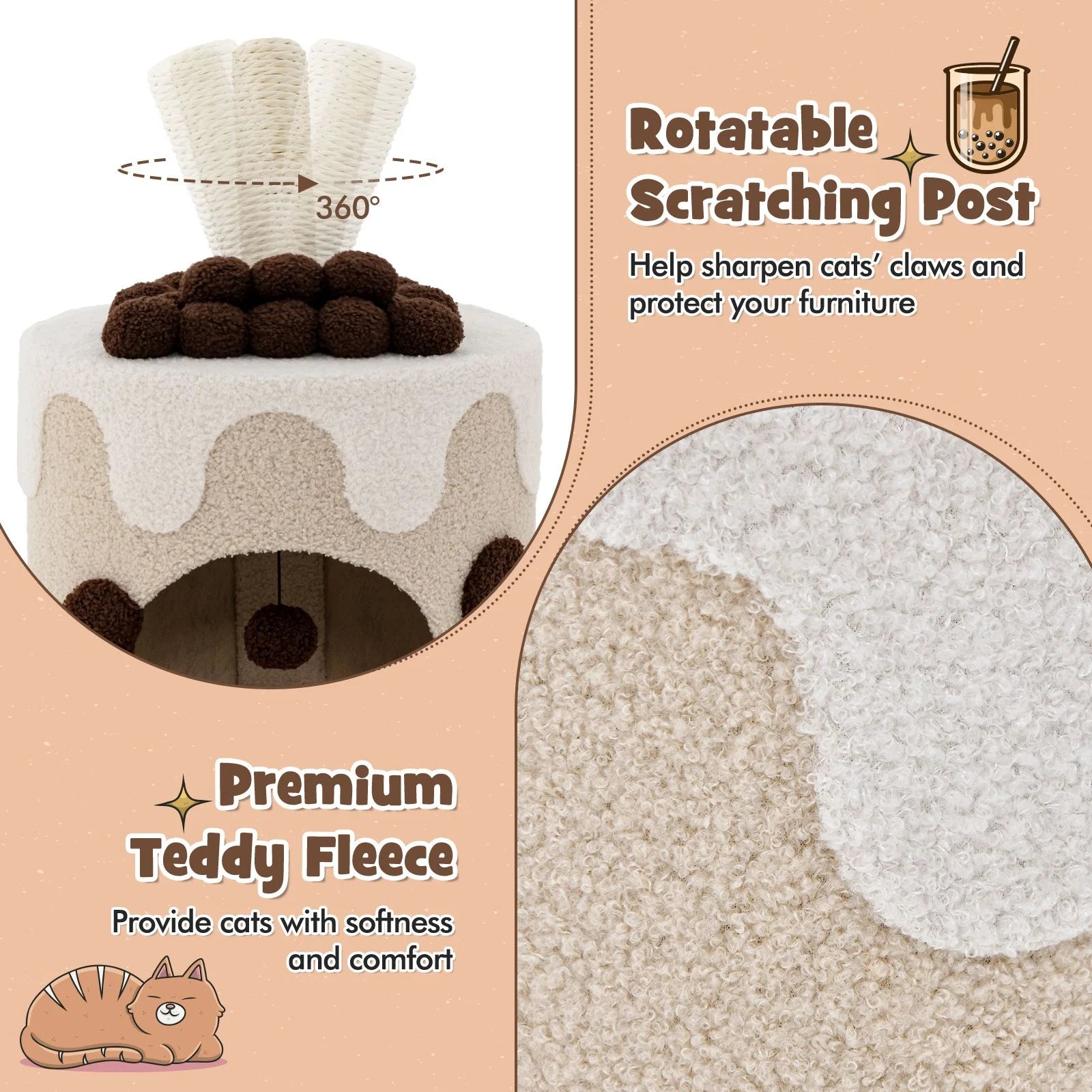 Charming Bubble Tea Cat Tree Tower with Interactive Scratching Post and Cozy Condo