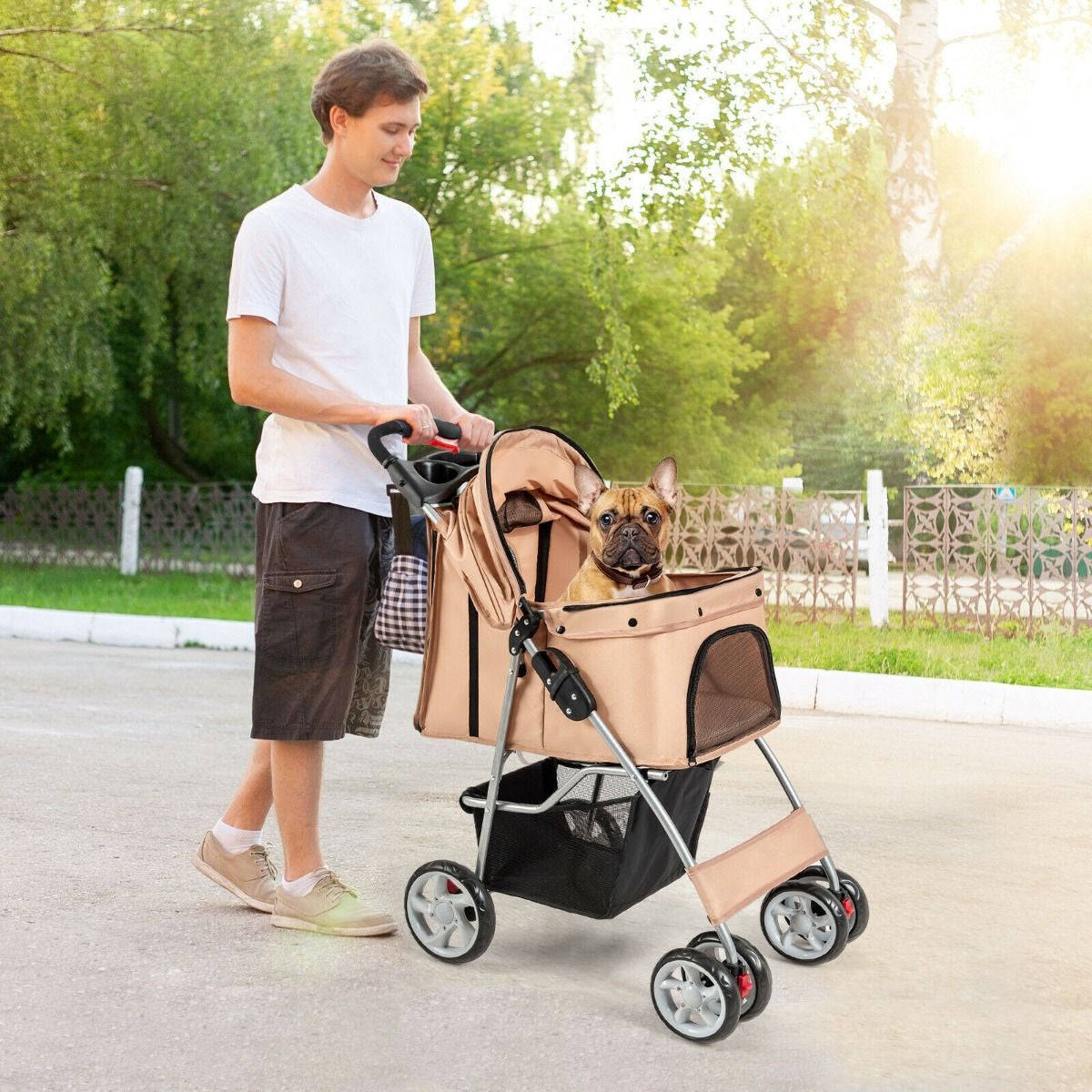 4-Wheel Folding Pet Stroller with Storage Basket and Adjustable Canopy System