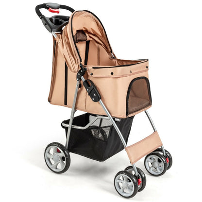4-Wheel Folding Pet Stroller with Storage Basket and Adjustable Canopy System