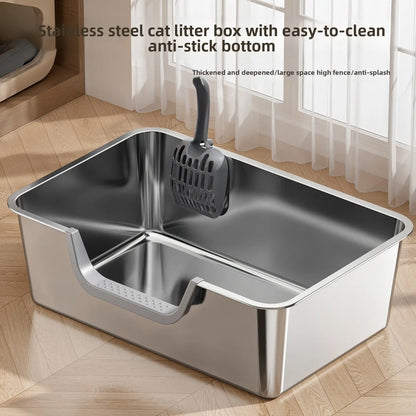Extra Large Stainless Steel Cat Litter Box with Top Entry and Side Opening - Anti-Splash Design, Durable and Easy to Clean, 60x40x20 cm