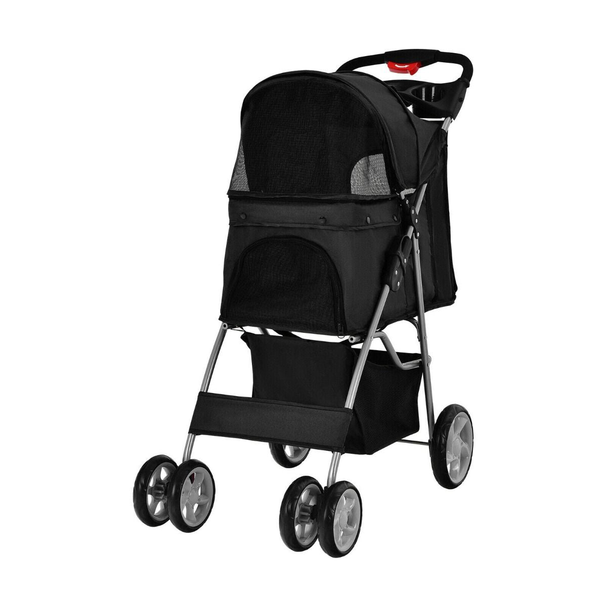 4-Wheel Folding Pet Stroller with Storage Basket and Adjustable Canopy System