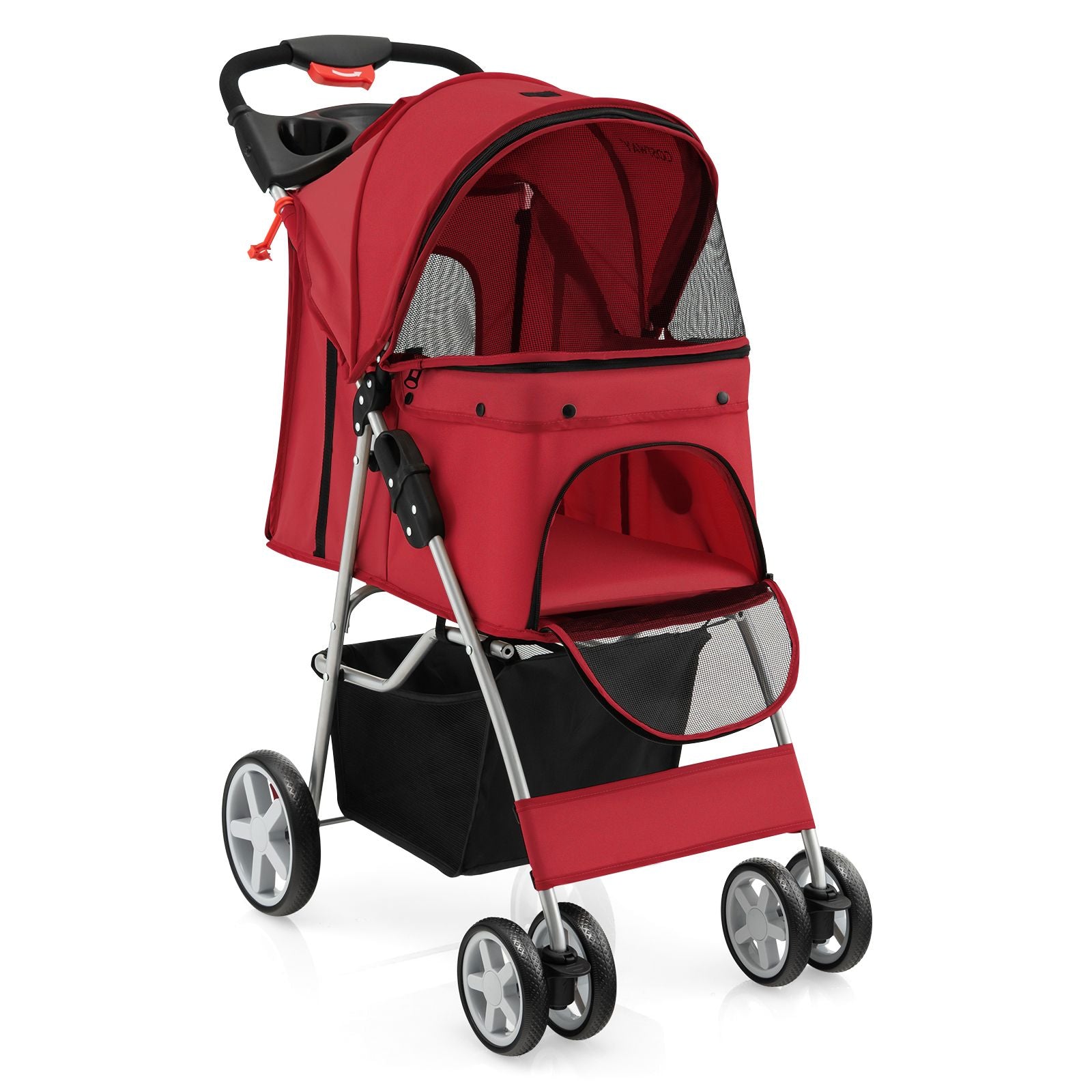 4-Wheel Folding Pet Stroller with Storage Basket and Adjustable Canopy System