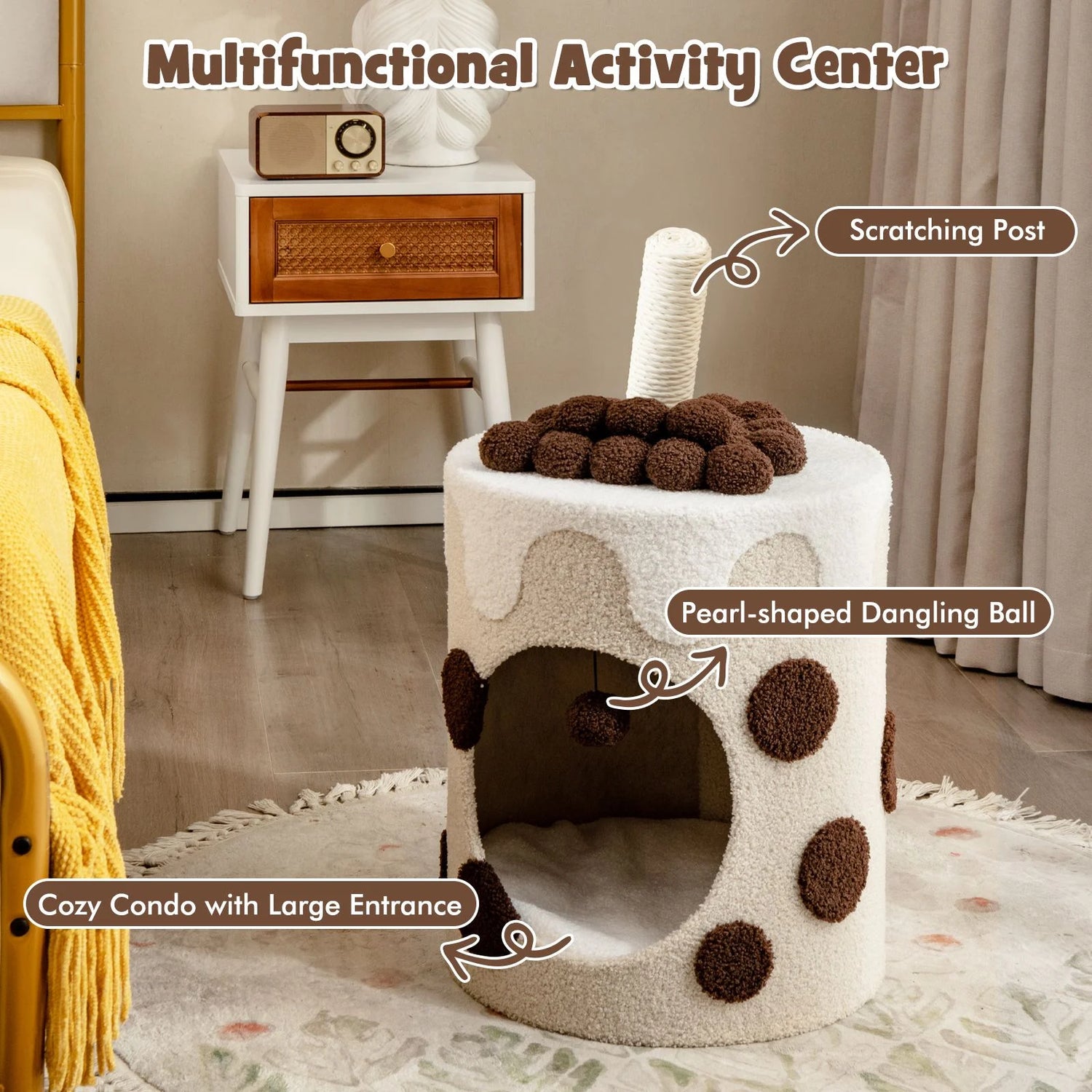 Charming Bubble Tea Cat Tree Tower with Interactive Scratching Post and Cozy Condo