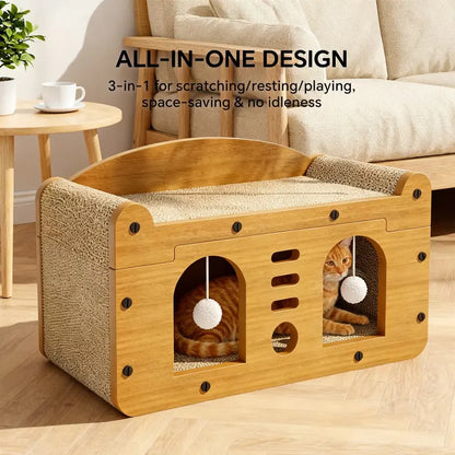 Double Door Scratcher Sofa, 56Cm Size Scratching House with 2 Teaser Balls, 3-In-1 Scratcher Bed Cave for & Multi- Households Belgian Malinois Dog Cat Tree Breathable Elevated Cooling Gothic Coffin Large Foldable Crate