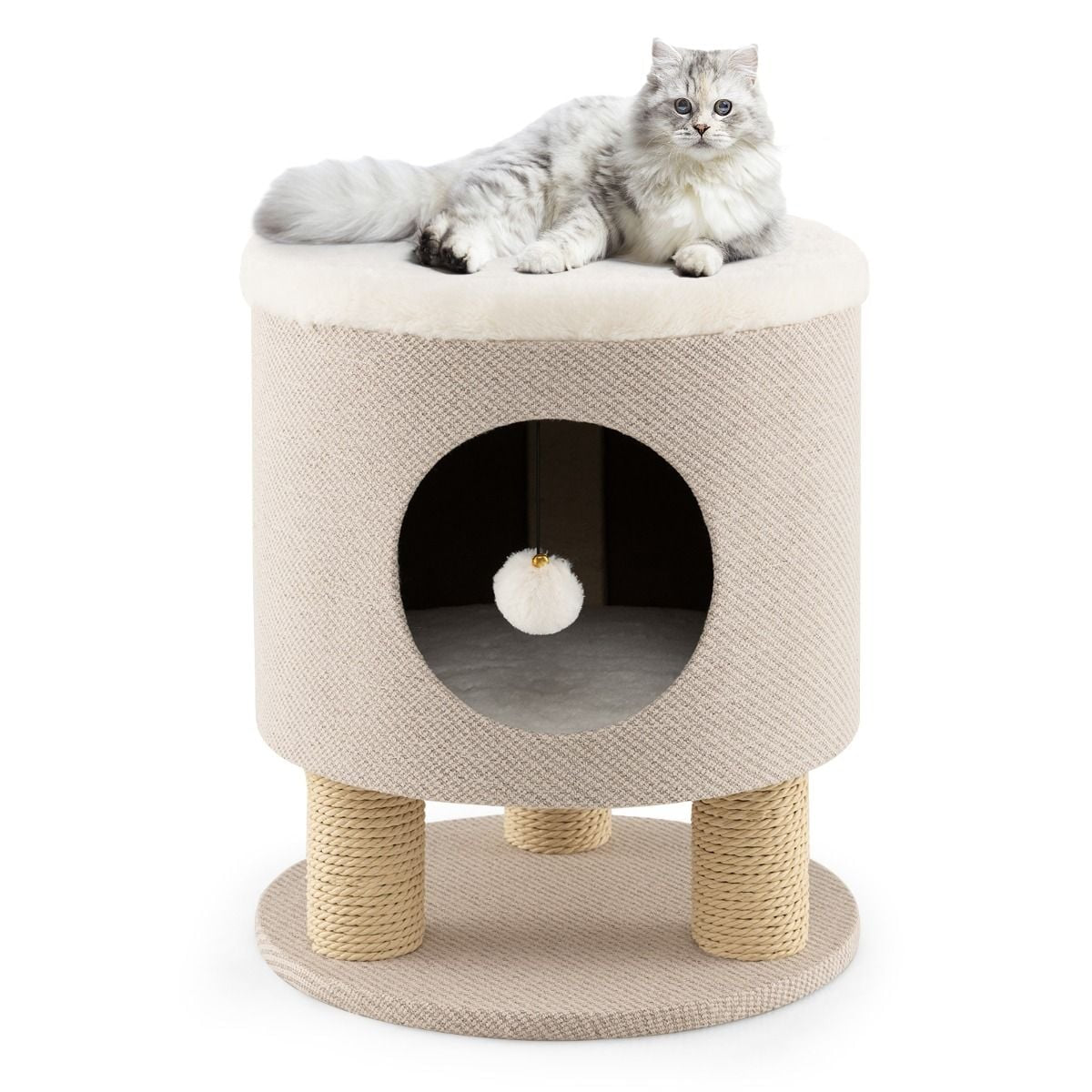Indoor Cat Condo Stool with Scratching Posts and Plush Toy Ball