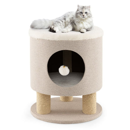 Indoor Cat Condo Stool with Scratching Posts and Plush Toy Ball