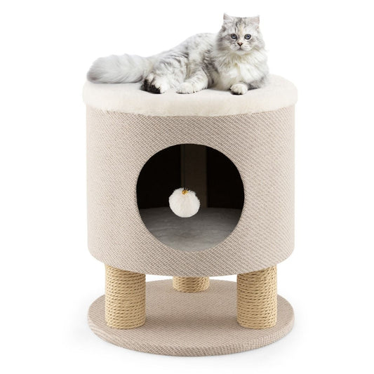 Indoor Cat Condo Stool with Scratching Posts and Plush Toy Ball