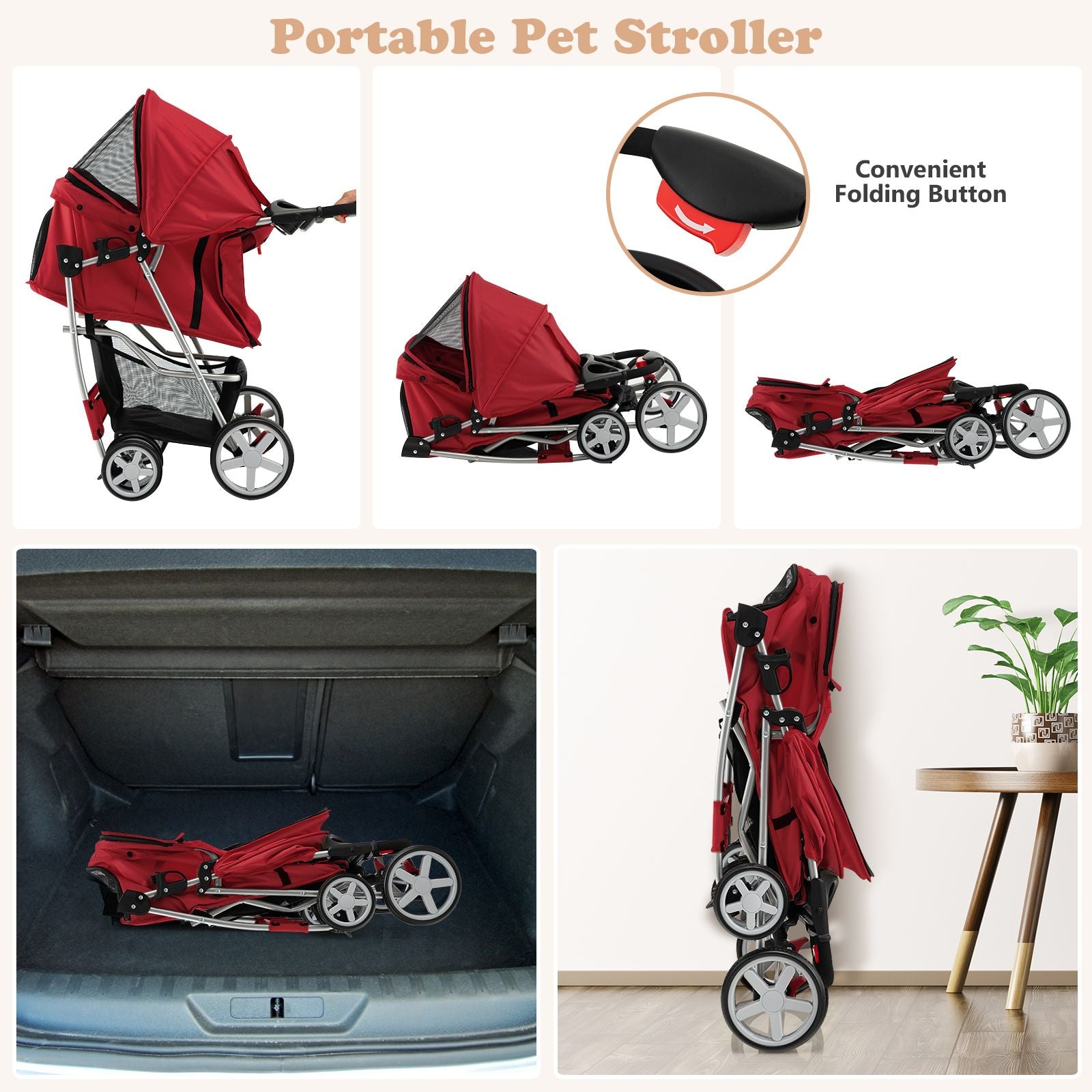 4-Wheel Folding Pet Stroller with Storage Basket and Adjustable Canopy System