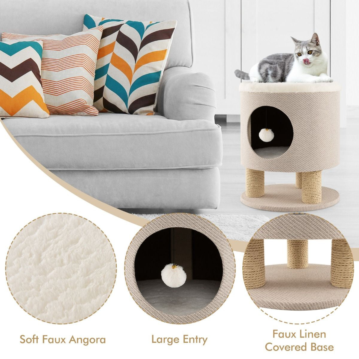 Indoor Cat Condo Stool with Scratching Posts and Plush Toy Ball