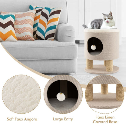 Indoor Cat Condo Stool with Scratching Posts and Plush Toy Ball
