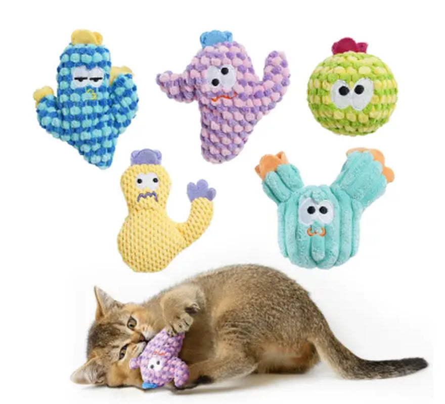 Pawsible 5-Pack Colorful Cactus Cat Toy Set with 100% Premium Cat Herb Filling - Natural Stimulation and Soft Teething Toys for Kittens