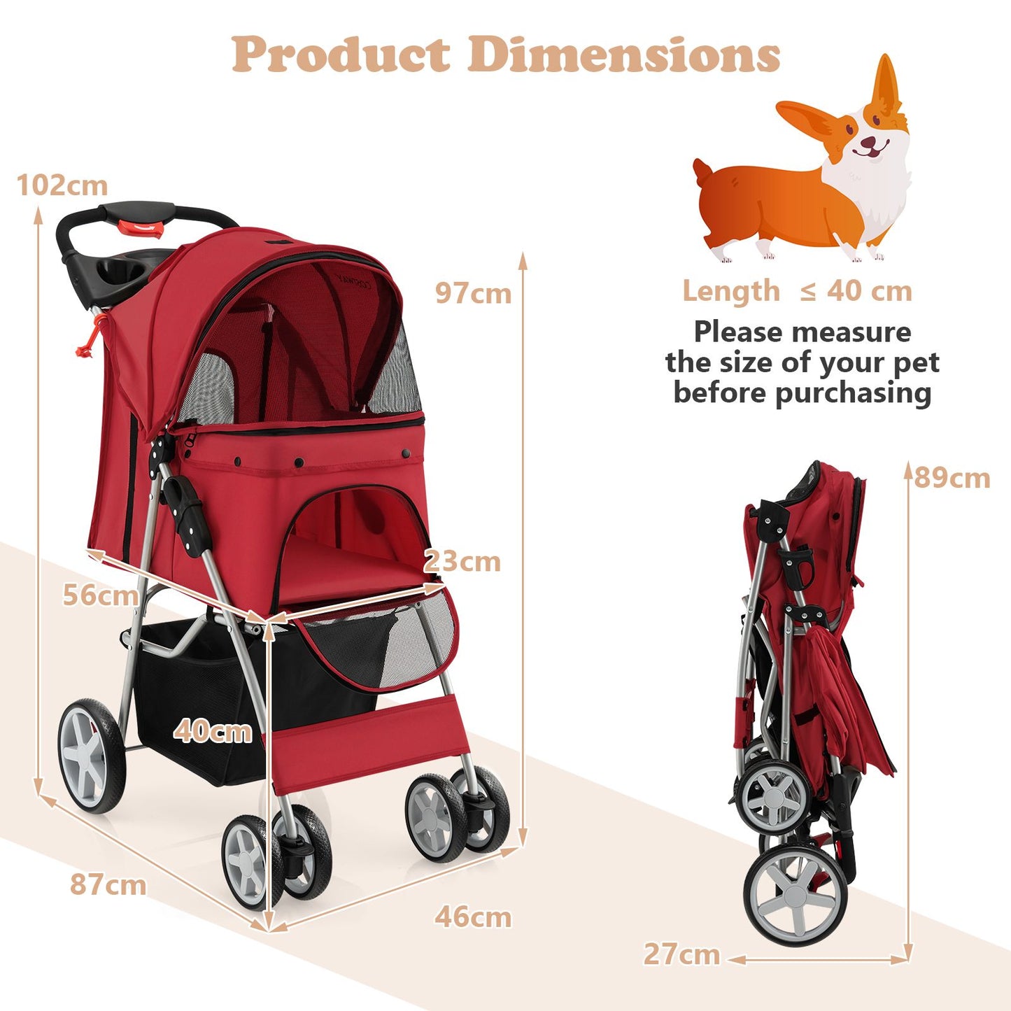 4-Wheel Folding Pet Stroller with Storage Basket and Adjustable Canopy System