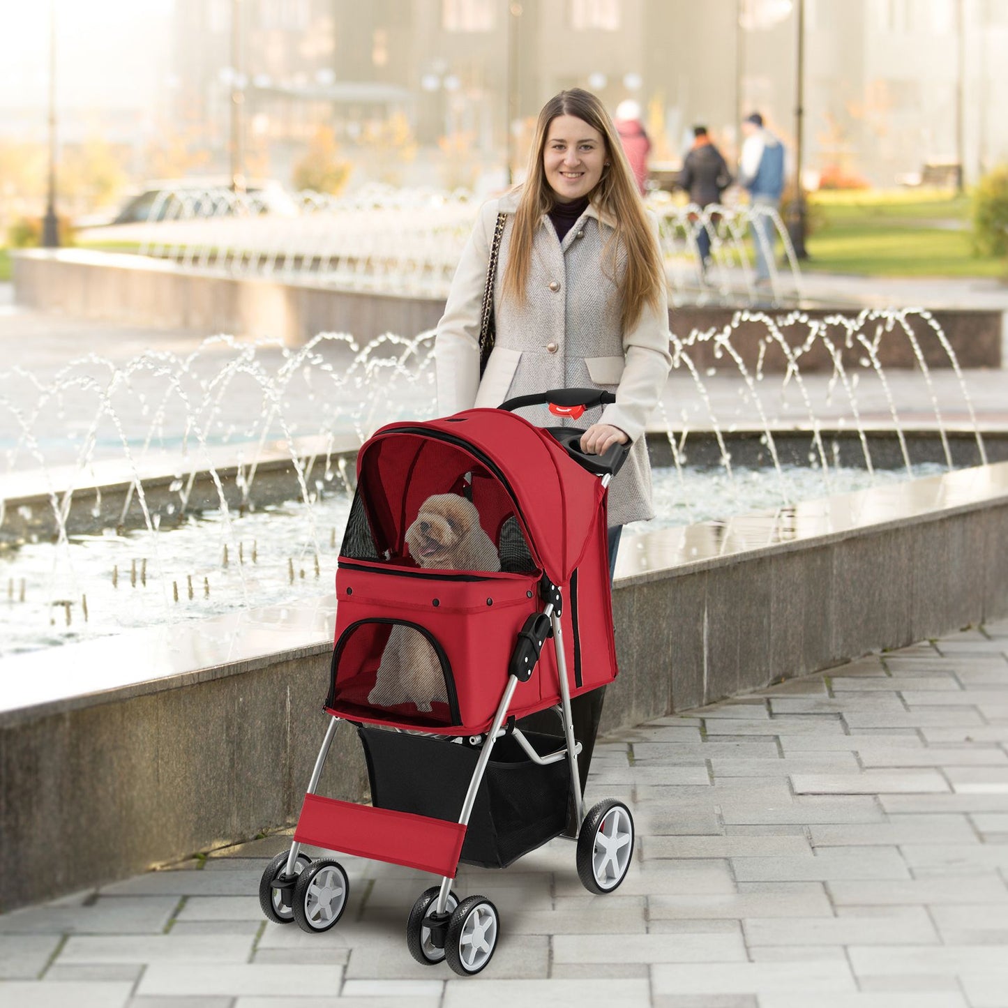 4-Wheel Folding Pet Stroller with Storage Basket and Adjustable Canopy System