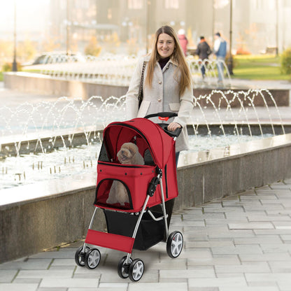 4-Wheel Folding Pet Stroller with Storage Basket and Adjustable Canopy System