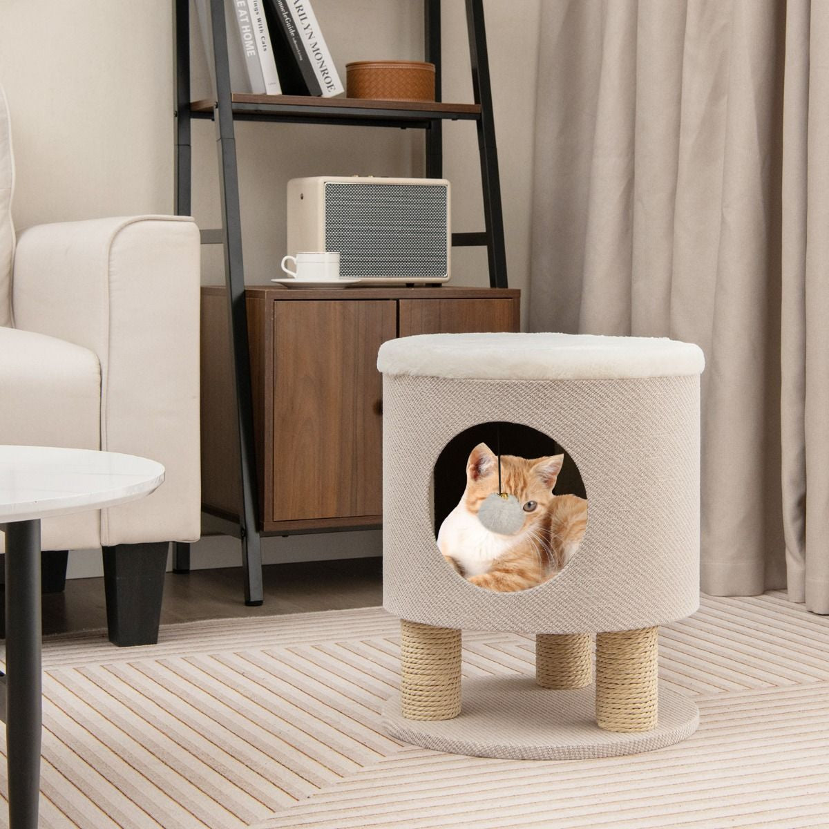 Indoor Cat Condo Stool with Scratching Posts and Plush Toy Ball