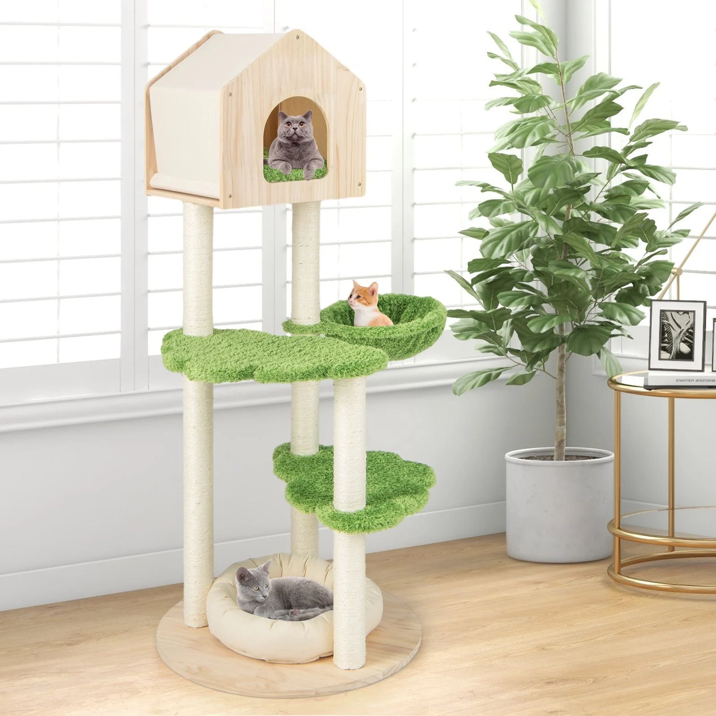 Stylish Wooden Cat Tree with Cozy Condos and Durable Sisal Scratching Posts for Happy Kittens