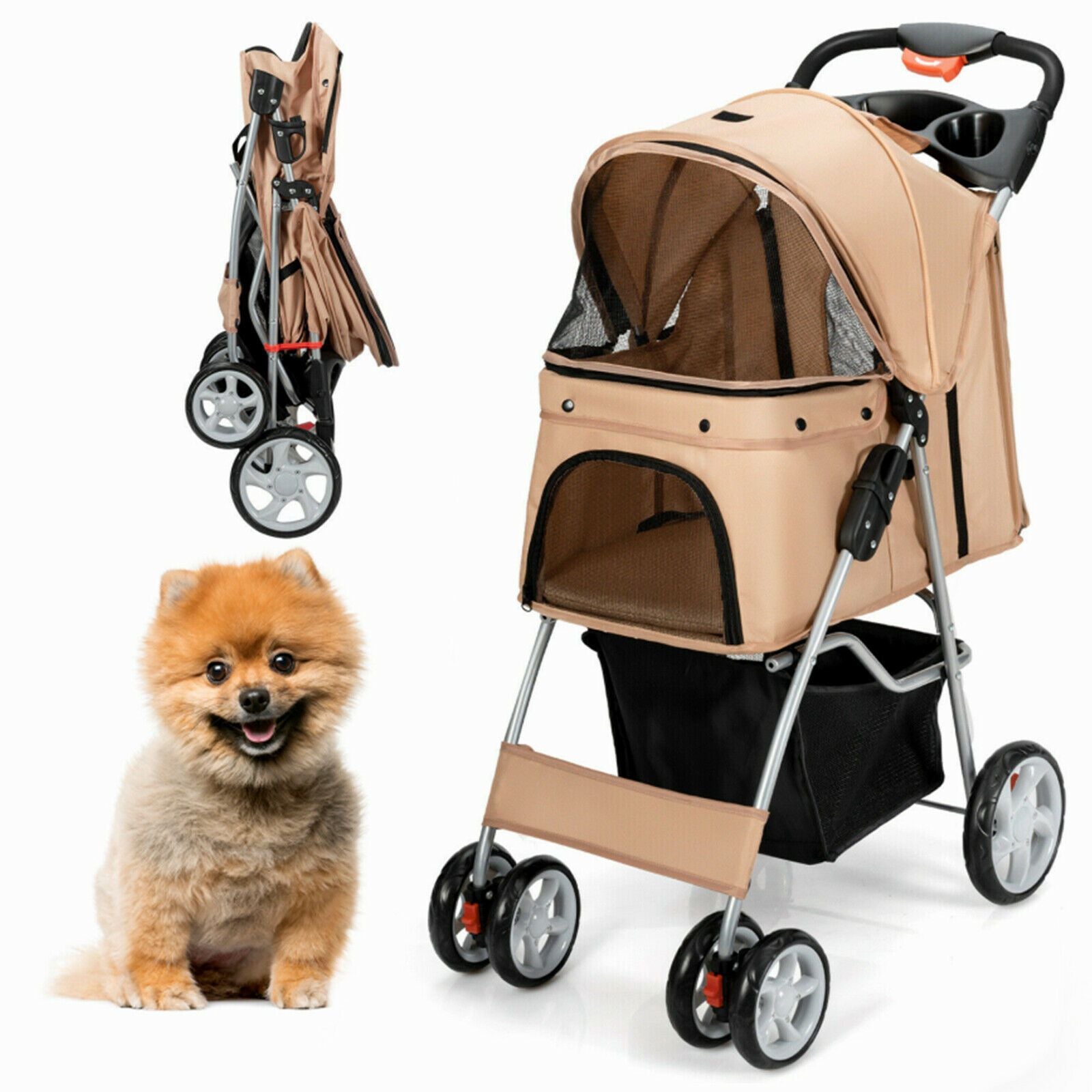 4-Wheel Folding Pet Stroller with Storage Basket and Adjustable Canopy System