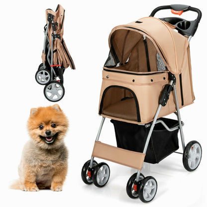 4-Wheel Folding Pet Stroller with Storage Basket and Adjustable Canopy System