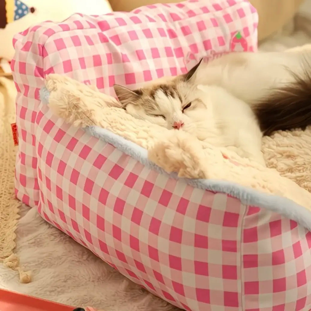 2026 Aesthetic Pink Gingham Plush Cat Sofa Bed - Orthopedic and Calming Fleece Lounger for Cats and Small Dogs