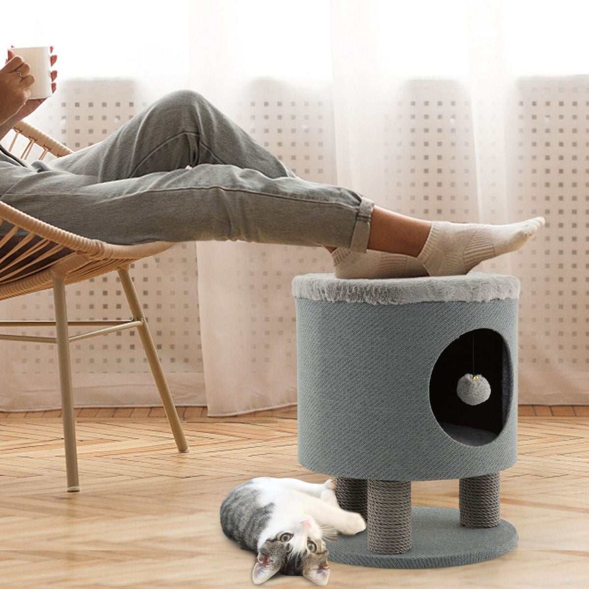 Indoor Cat Condo Stool with Scratching Posts and Plush Toy Ball