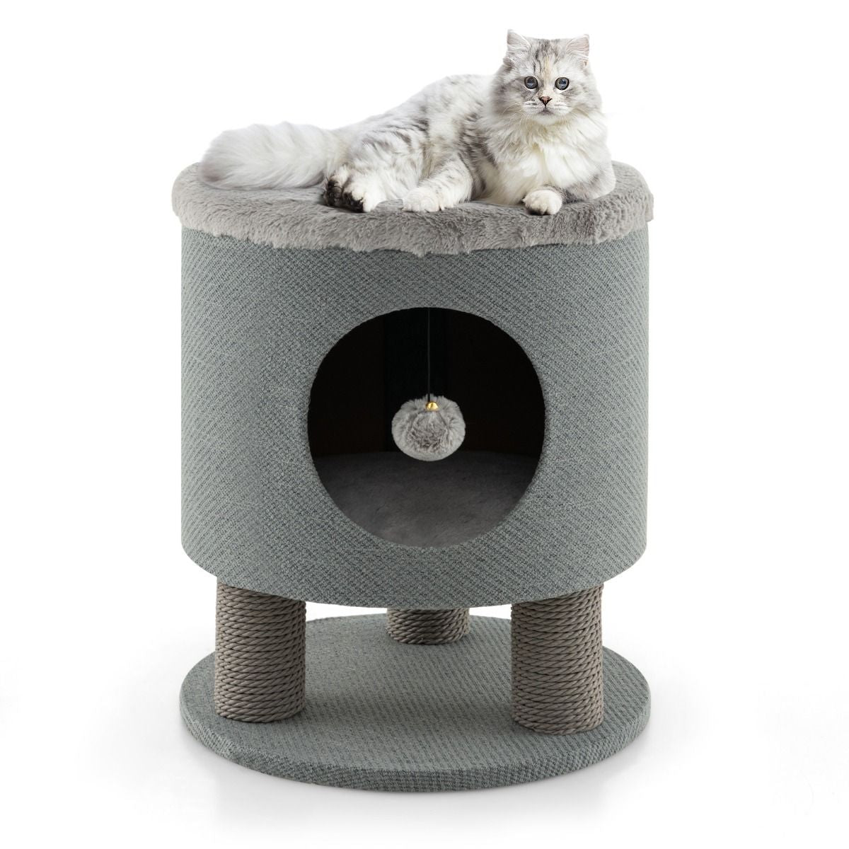 Indoor Cat Condo Stool with Scratching Posts and Plush Toy Ball