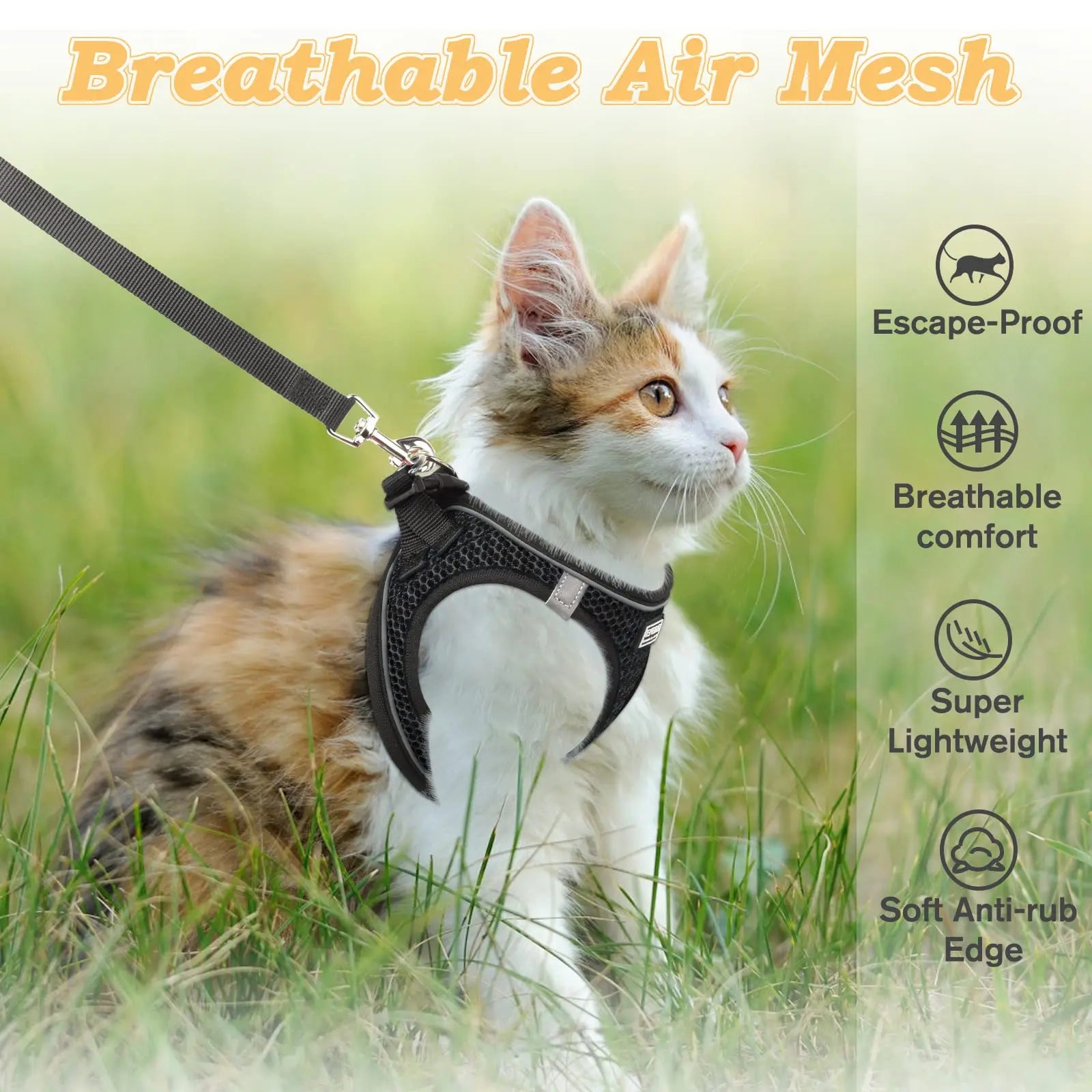 Escape-Proof Cat Harness and Leash Set - Adjustable Reflective Soft Mesh Vest for Kittens and Puppies, Comfortable Fit for Outdoor Walking, Easy Control and Durability
