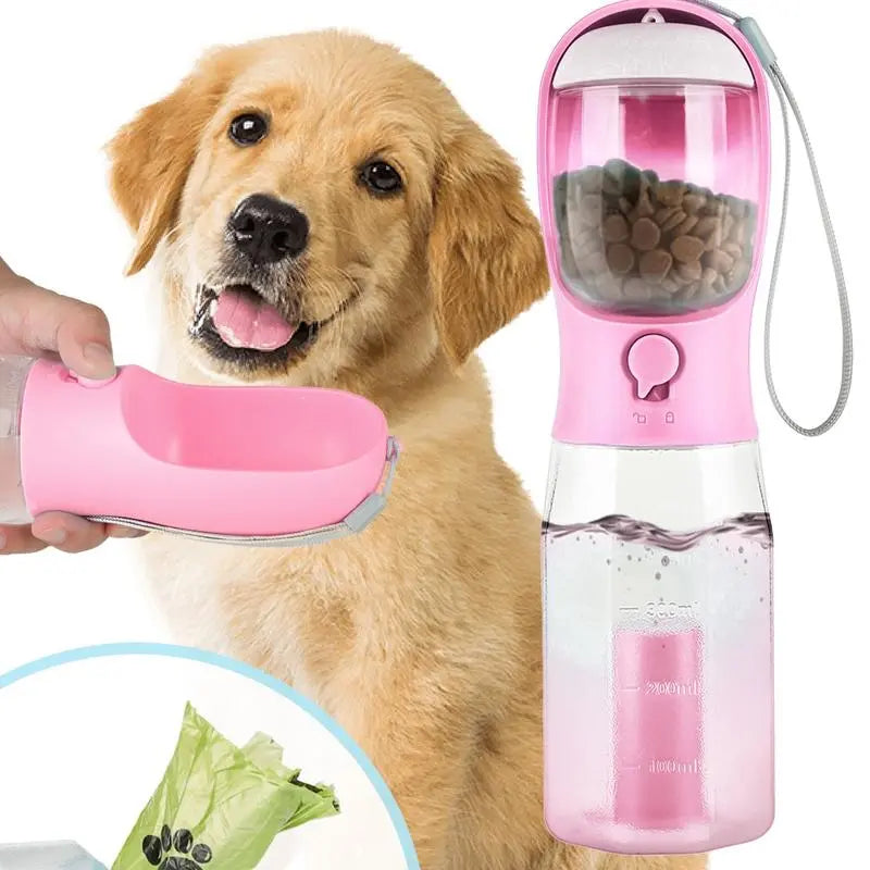 3-in-1 Portable Water Bottle for Dogs with Food Container and Poop Bag Holder - Ideal for Outdoor Activities, 20 Oz, Blue