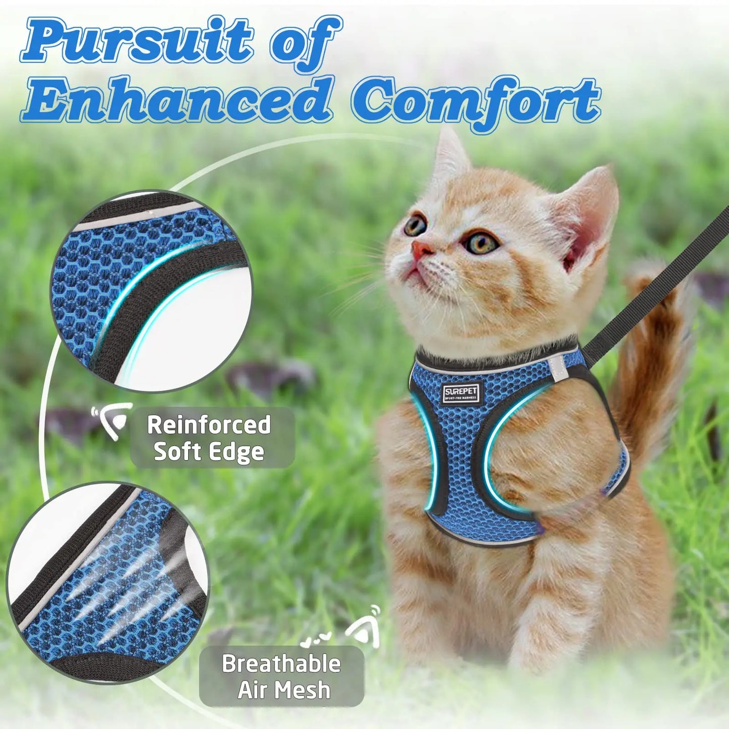 Escape-Proof Cat Harness and Leash Set - Adjustable Reflective Soft Mesh Vest for Kittens and Puppies, Comfortable Fit for Outdoor Walking, Easy Control and Durability