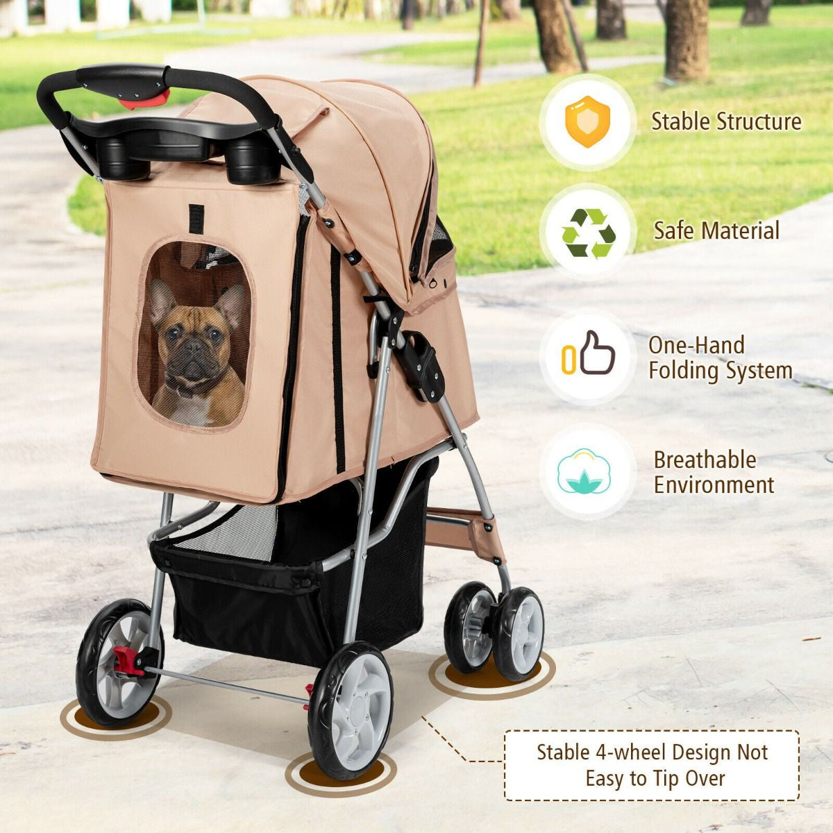 4-Wheel Folding Pet Stroller with Storage Basket and Adjustable Canopy System